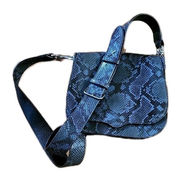 Rebecca Minkoff Blue & Black Python Embossed Leather Saddle Bag EUC - Picture 1 of 11